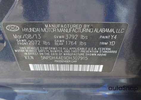 2013 Hyundai Elantra Gls z USA, uszkodzony, nr VIN 5NPDH4AE9DH307915